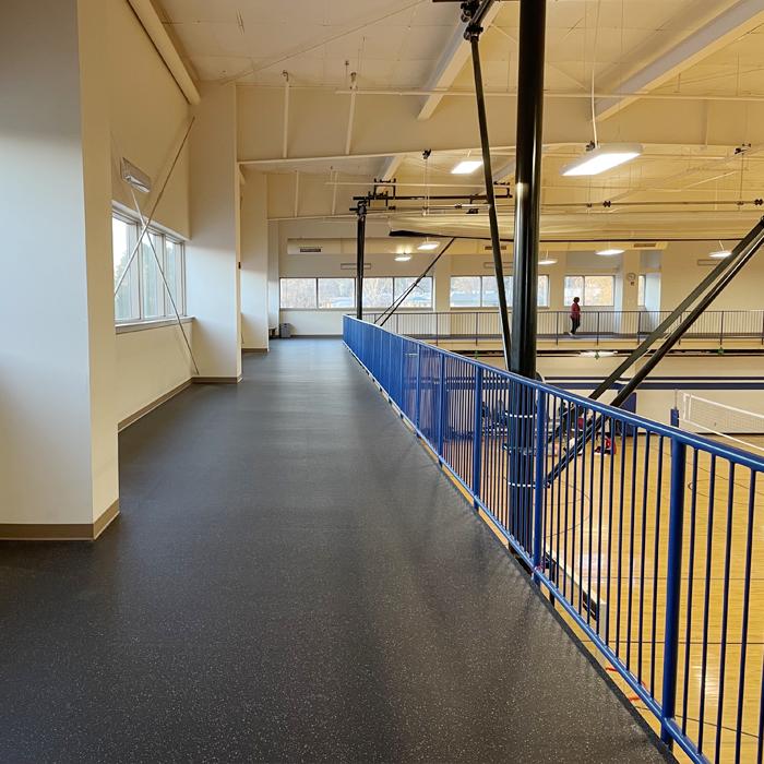 Our upstairs walking track surrounds the perimeter of the gymnasium and is accessible for ages 14 and up with an annual Walking Pass. 